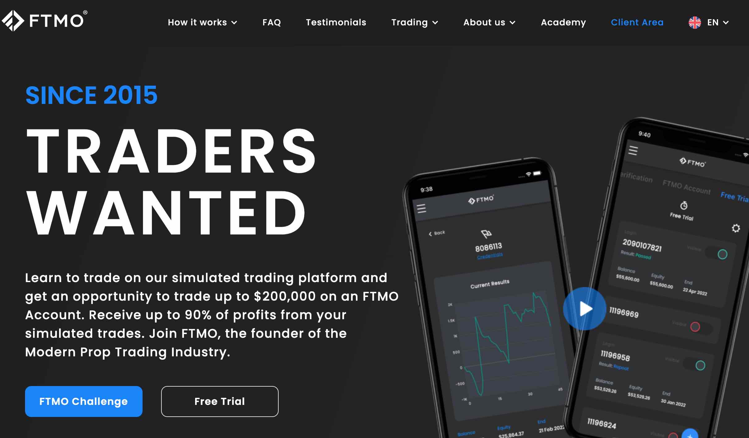 A screenshot of the FTMO website which is one of the legit prop firms in Kenya