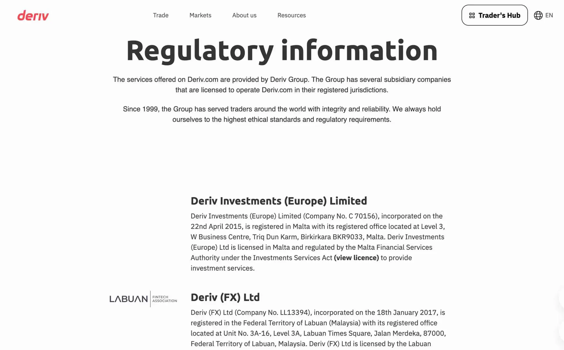 A screenshot showing part of the Deriv regulations webpage. Deriv is one of the most legit binary options brokers
