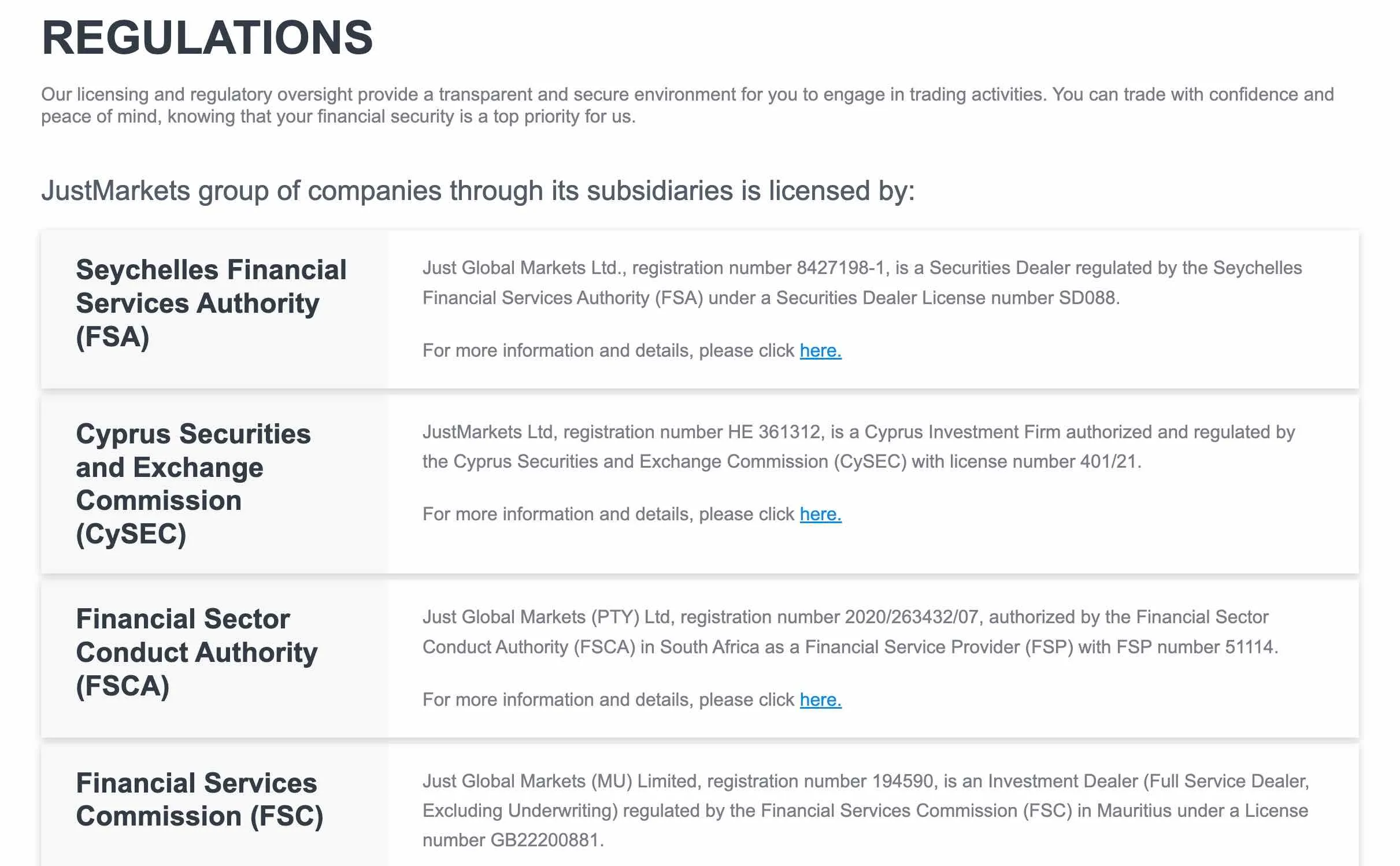 A screenshot showing JustMarkets is a regulated forex broker