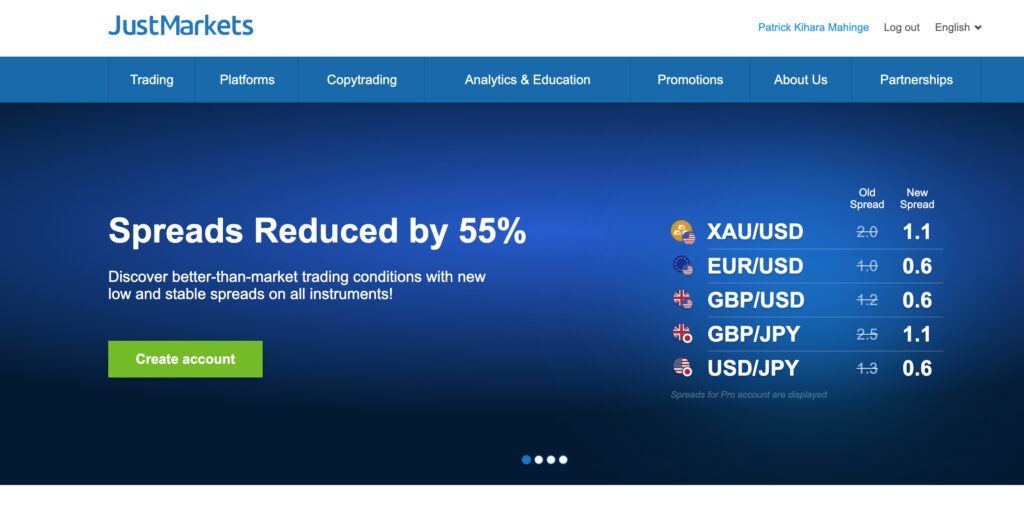 Screen shot of JustMarkets which is one of the forex brokers accepting mpesa deposits