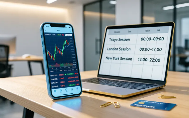 Mobile trading platform showing optimal trading times and forex charts