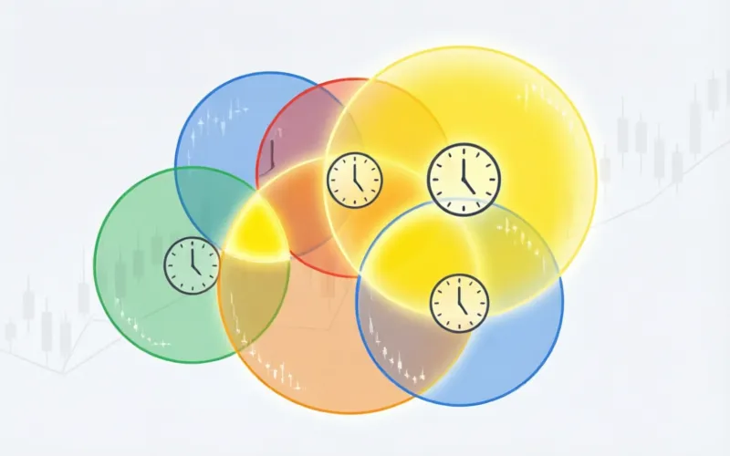 Forex trading sessions overlap visualization showing Sydney Tokyo London New York