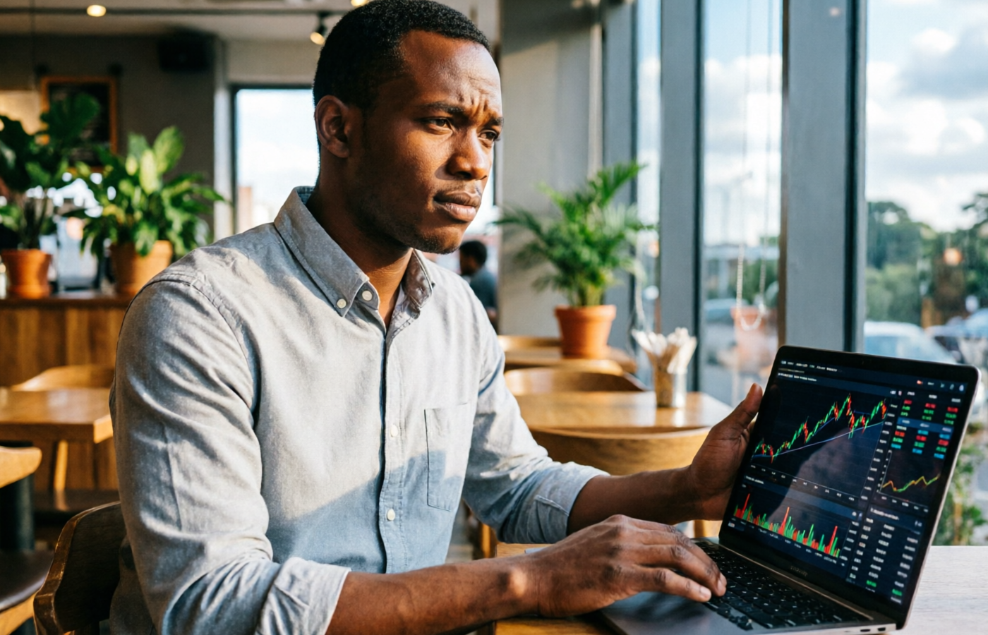 Kenyan trader working on laptop in a modern Nairobi cafe, focused on financial charts