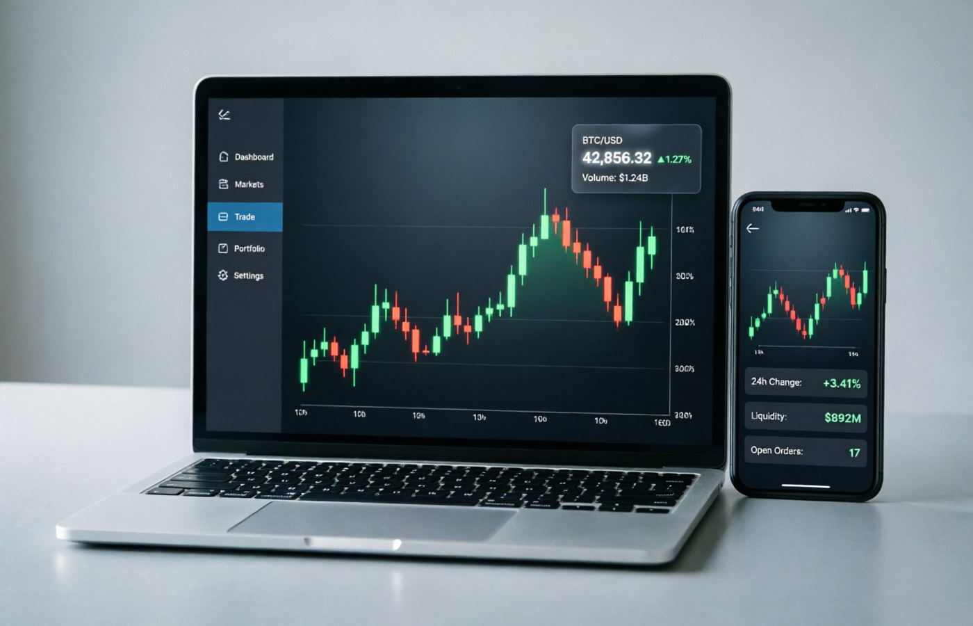 Olymp Trade trading platform interface showing candlestick charts on laptop and smartphone