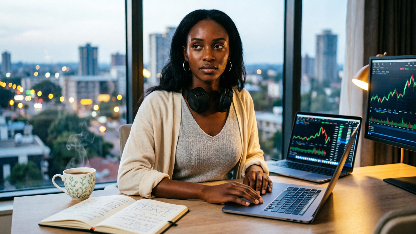 Kenyan trader studying online forex trading at home in the evening with laptop showing live charts