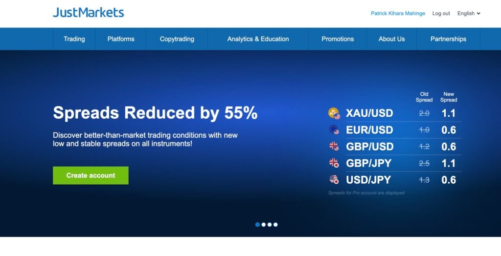Screen shot of JustMarkets which is one of the forex brokers accepting mpesa deposits